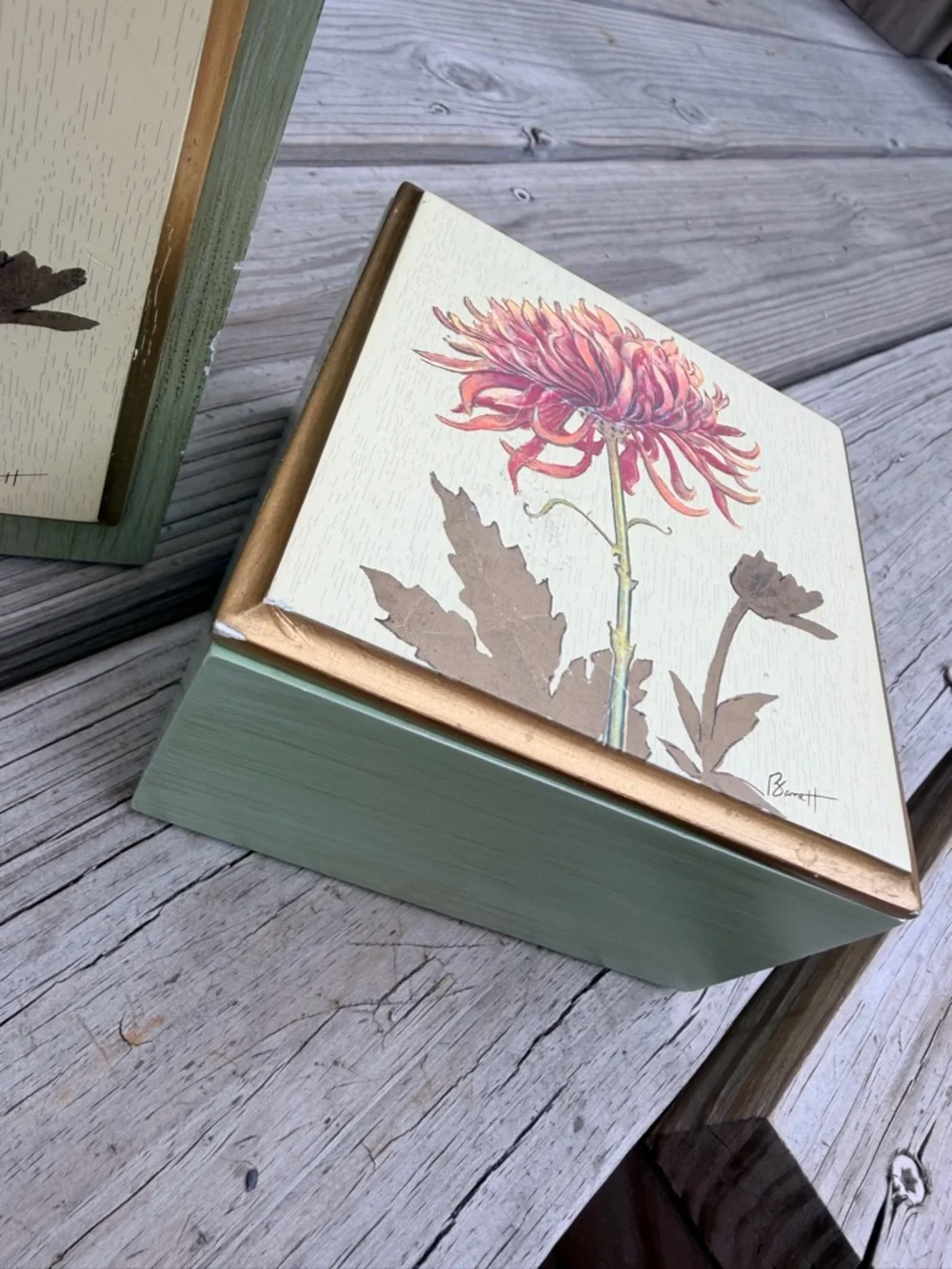 Signed Hand Painted Floral Tissue Box‎ Cover & Trinket Box Set Sage Green Gold